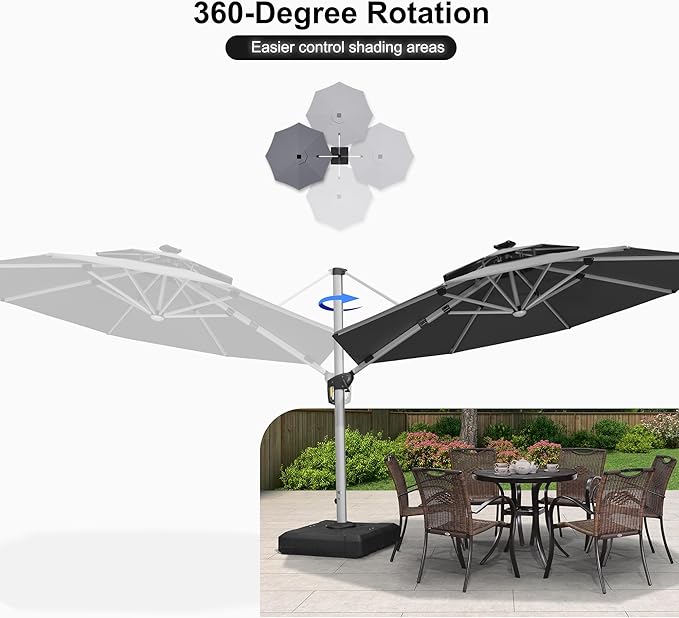 PURPLE LEAF 11ft Solar powered LED Patio Umbrella Outdoor Round Umbrellas Large Cantilever Umbrella with LED lights Windproof Offset Umbrellas Heavy Duty Sun Umbrella for Garden Deck Pool Patio, Grey