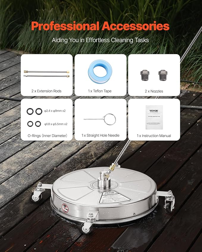 VEVOR 18" Pressure Washer Surface Cleaner, Stainless Steel Pressure Washer Attachments with 4 Wheels, 4000 Max PSI, 1/4 Quick Connector, 2 Spray Nozzles, 2 Extended Wands for Concrete, Patio, Deck