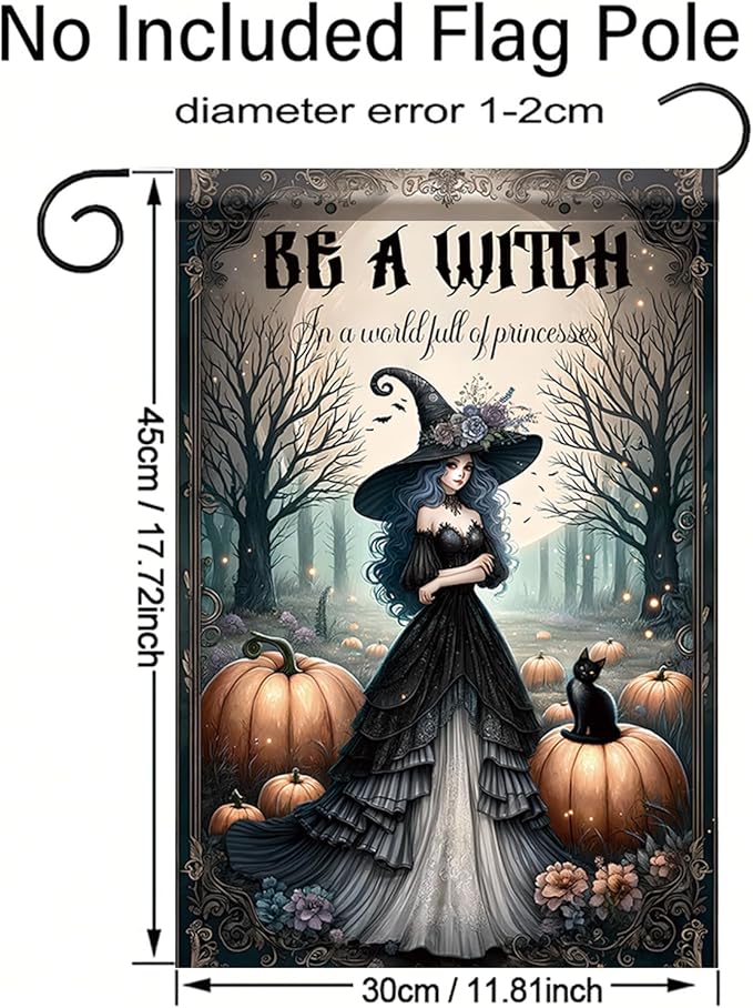 Halloween Witch Garden Flag 12x18 Inch Double Sided for Outside Witch in Black Dress Pumpkin Cat Yard Flag for Outdoor Holiday Home Decor