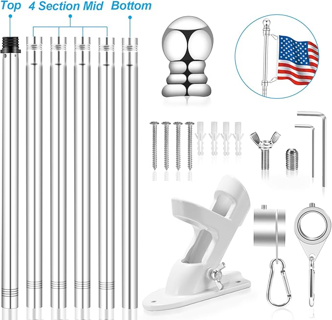 7 FT 1 Inch Spinning Flag Pole Kit for Outside House Porch Residential Wall Mounting, Stainless Metal Flag Poles for 3x5 4x6 Flag with 2-Position Holder Bracket, Rotating Flagpole Rings (7 FT, Silver)