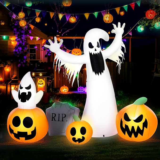 8 Ft Halloween Inflatables Outdoor Decorations, Halloween Decorations Ghost Pumpkins Tombstone with Built-in LED Lights for Halloween Party Indoor Outdoor Decor