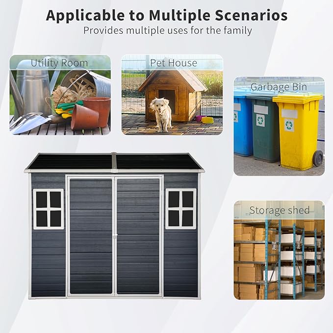 Outdoor Storage Shed with Two-Window and Double-Door, Resin Storage Shed with Lockable Door, Plastic Shed with Floor for Gargen, Patio, Yard, Lawn (Black, 8 x 4 FT)