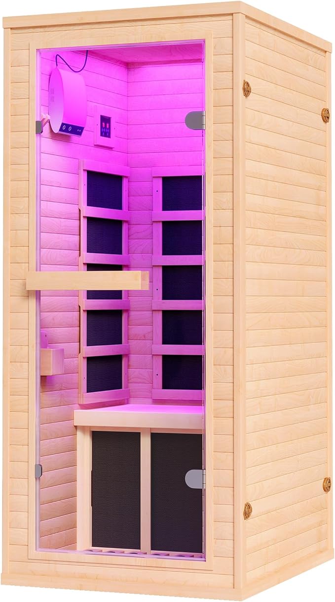 Albott Infrared Sauna 1 Person, Infrared Saunas for Home, 930W/110V Hemlock Wood Dry Sauna with Tourmaline Stone Foot Warmer, 7-Color Light Therapy & 2 Bluetooth Speakers, 27.2"x32.3"x61"