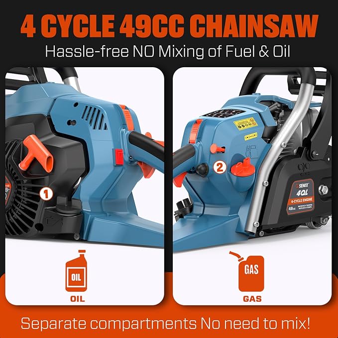 SENIX 18" Gas Chainsaw 49cc Gas Powered Chainsaws, Cordless Chain Saw for Wood Cutting and Tree Trimming, Loop Handle, CS4QL-L1
