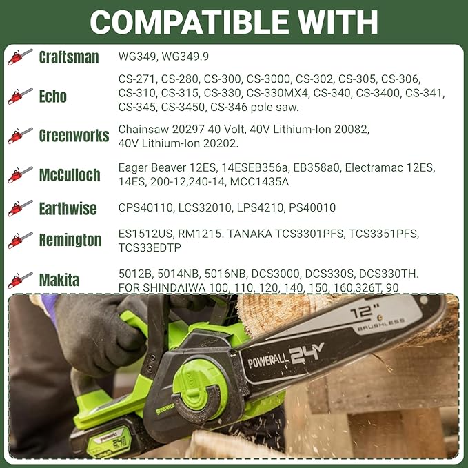 12 Inch Chainsaw Chain .050" Gauge, 3/8" LP Pitch, 45 Drive Links Compatible with Craftsman 358.34101,Echo CS-2511T,SUNJOE SWJ698E Greenworks,Poulan,Remington,Ryobi,12" Replacement Chain 4Pack