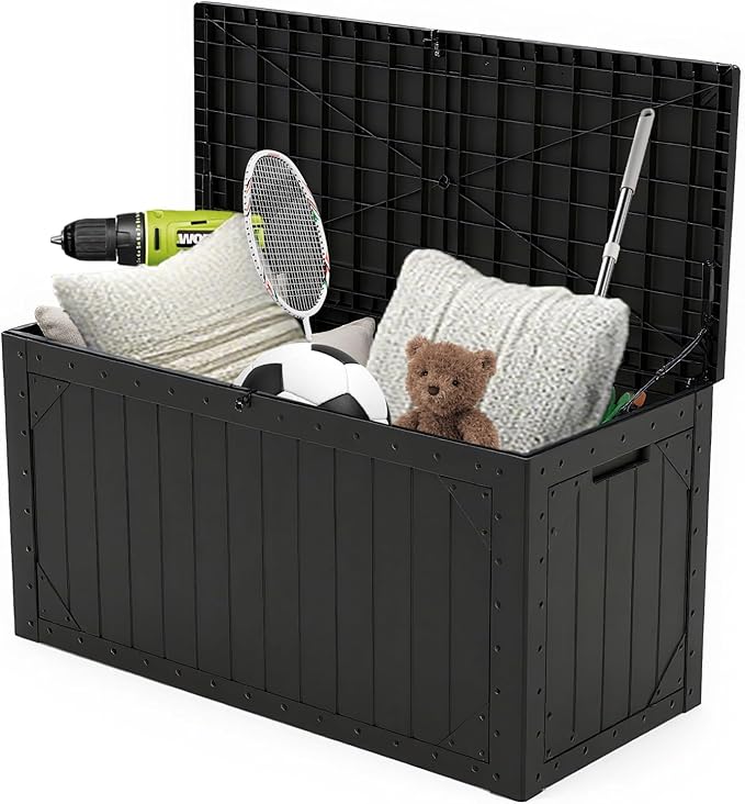 100 Gallon Resin Deck Box, Waterproof Outdoor Storage Bin for Patio Furniture, Pool Accessories, and Garden Tools, Lockable & UV-Resistant, Black