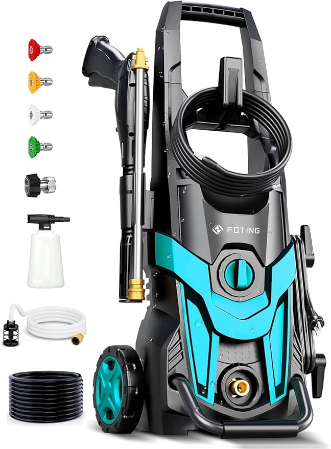2025Upgraded Pressure Washer 4300PSI with 4 Quick Connect Nozzles, Inlet Hose & Filter& Foam Cannon for Cars/Fences/Driveways/Home Cleaning, Blue