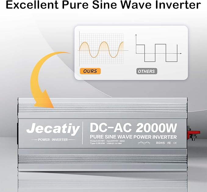 2AC 2000W Pure Sine Wave Inverter, Convert DC 12V to AC 110V 120V, 18W USB, and 30W Type-C Charging Ports, Car Solar Power Inverters for Truck, Home, Vehicles, RV