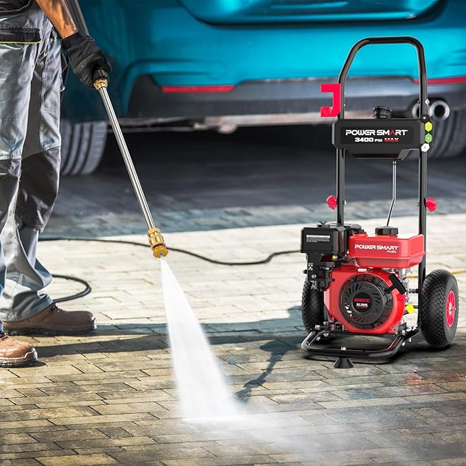PowerSmart Gas Pressure Washer 3400 PSI, 2.5 GPM,3L Soap Tank, Metal Spray Wand, 5 Nozzles for House, Driveways
