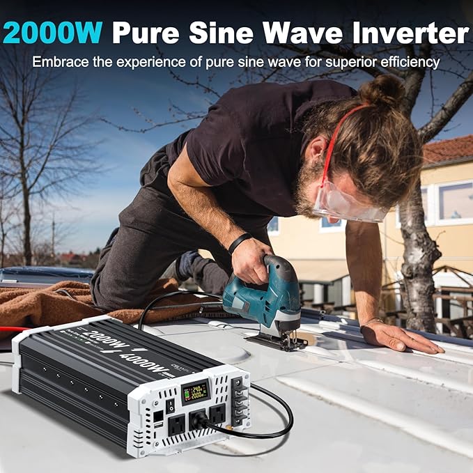 2000 watt Pure sine Wave Inverter, 24V DC to 110V AC Power Inverter, Used for Solar Emergency Power Supply in RV Homes, with 3 AC Output sockets, USB Port, Type-C Port, Remote Control with LCD Screen