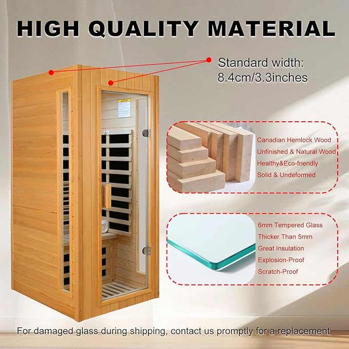 1-Person Infrared Sauna,1300W Indoor Sauna for Home, Side Glass Window, Canadian Hemlock Wood Personal Sauna with 5 Heating Panels, LED Reading Lamp, Blue-Tooth