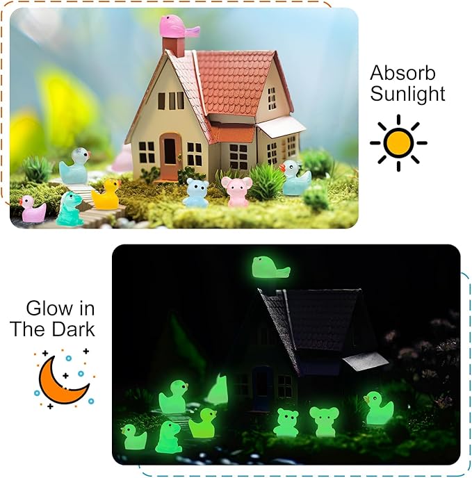 100pcs Luminous Mini Resin Animals Figures, Tiny Resin Animals Bulk, Glow in The Dark, for Miniature Fairy Garden Accessories Micro Landscape Aquarium Potted Decoration