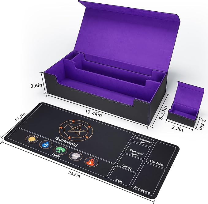 AFIING Mtg Deck Box Holds 5 Display Card Deck Boxes with Mtg Playmat & Dice Box,10 Dividers,1Card supporter, Trading Card Storage Box for Magic Yugioh Sports Cards (Black &Purple)