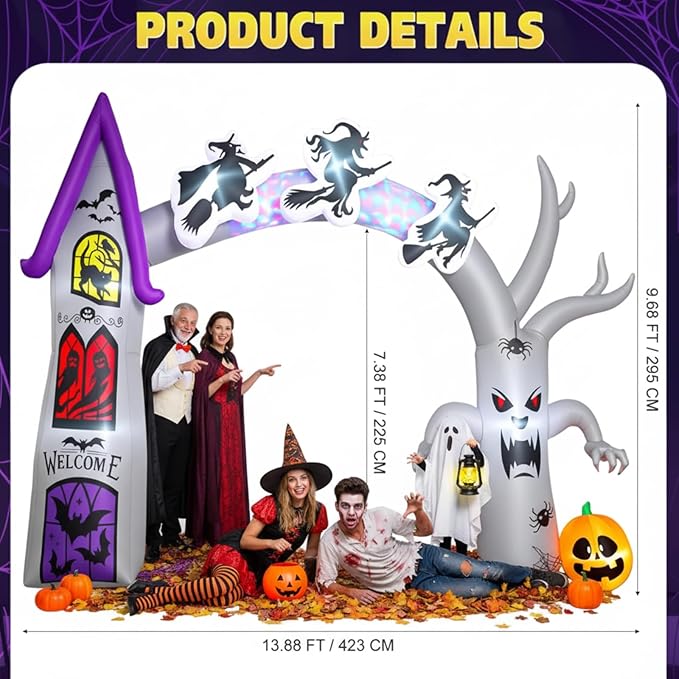 Capoda 14 FT Inflatable Halloween Archway - Castle Witch Dead Tree Blow Up Arch, Build-in Colorful LED Lights for Entryway Garden Yard Lawn Halloween Inflatables Outdoor Decorations