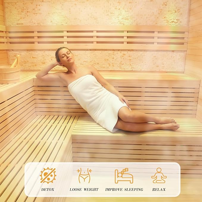 6-8 Person Indoor Sauna HARVIA 220V 6KW Canadian Hemlock Wooden Steam Sauna with LCD Control Panel, Bluetooth Speakers, Panoramic Tempered Glass and Decorative Stone