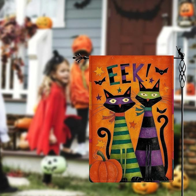 Halloween Black Cats Garden Flag EEK Pumpkins Holiday Garden Flag Vertical Double Sided Rustic Farmland Burlap Yard Lawn Outdoor Decor 12.5x18"