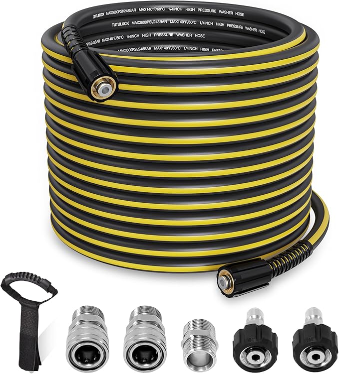 100ft Pressure Washer Hose - 1/4" Flexible Power Washer Hose with Stainless Steel Quick Connect Fittings, 3600 PSI Non-Kink Extension Replacement Hose for Gas&Electric Pressure Washer