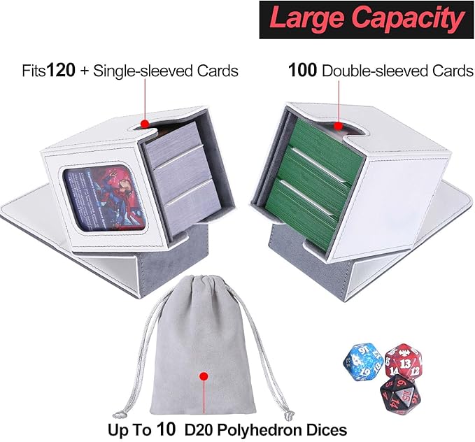 AFIING MTG Deck Box for Commander Display, Fits 100 Double Sleeved Cards, Magic Commander TCG Card Storage Box with 2 Dividers, Drawstring Bag and 1 Toploader (White/Grey)
