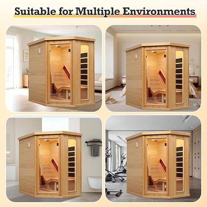 Infrared Sauna Room with Recliner, 1 or 2 Person Home Canadian Hemlock Luxurious Wooden Traditional Indoor Corner Dry Heat Sauna Room, 2300W/220V, 8 Heating Panels, 7 Color Lights, Oxygen Bar