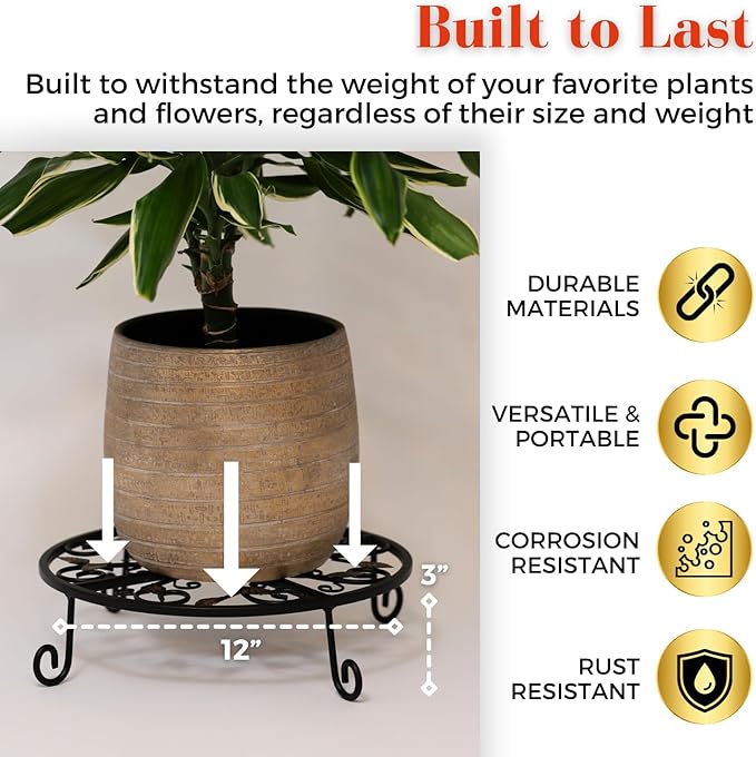 Metal Plant Stand – 2-Pcs Set 12-inch Outdoor and Indoor Plant Stand – Modern Plant Holder for Indoor and Outdoor Plants – 3-Inch Tall Planter Stand for Garden, Patio, Living Room, Balcony