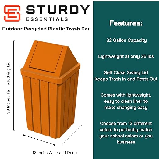 32 Gallon Square Slatted 100% Recycled Plastic Heavy Duty Outdoor Commercial Trash Can with Swing Top Lid | Great for Schools and Businesses - Orange