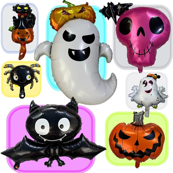 7 Pcs Halloween Ghost Foil Balloons Ghost Pumpkin Bat Spider Cat Monster Scary Decorations Cute Mylar Balloons Kit for Trick or Treat Party Decor Supplies for Indoor Outdoor Boo Day Party Supplie