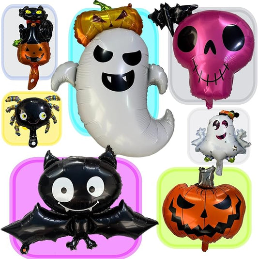 7 Pcs Halloween Ghost Foil Balloons Ghost Pumpkin Bat Spider Cat Monster Scary Decorations Cute Mylar Balloons Kit for Trick or Treat Party Decor Supplies for Indoor Outdoor Boo Day Party Supplie
