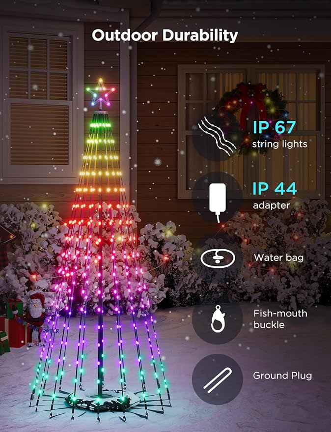 Govee Christmas Cone Tree Lights, 7.5ft 370 LEDs RGBIC Christmas Tree Lights with Smart App Control, IP67 Waterproof Outdoor String Lights for Christmas Decorations, 82+ Scene Modes, Music Sync