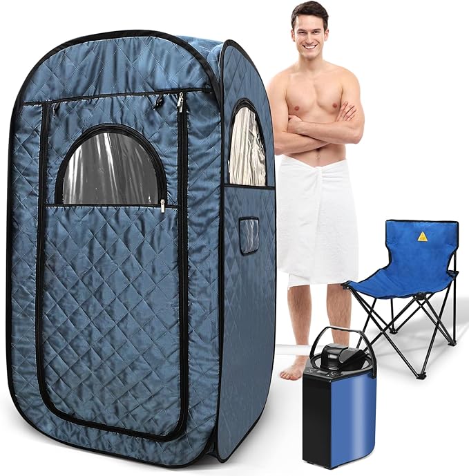 Portable Steam Sauna, Steam Saunas for Home, Personal Sauna for Home, Pop up Sauna Box Tent with 3 L Steamer, 9 Levels, UV Atomization,90 MinTimer, Remote Control, Folding Chair-Blue