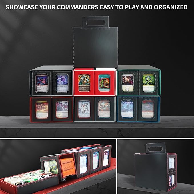 AFIING Commander Deck Box for MTG, Holds 400+ Double-Sleeved Cards, 4 Removable Deck Cases with Display Window, Dice Tray/Handle,Trading Card Storage Organizer/Dividers for TCG (Black Red)