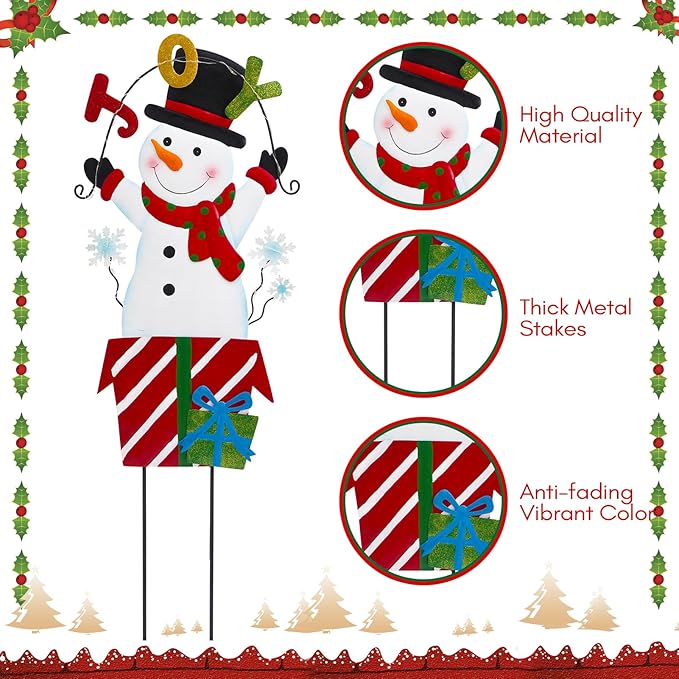 Solar Christmas Lights Outdoor Garden Stakes, 30in Metal Snowman Yard Signs with LED String Lights, Waterproof Christmas Decor for Xmas Lawn Pathway Patio Party Winter (Snowman)