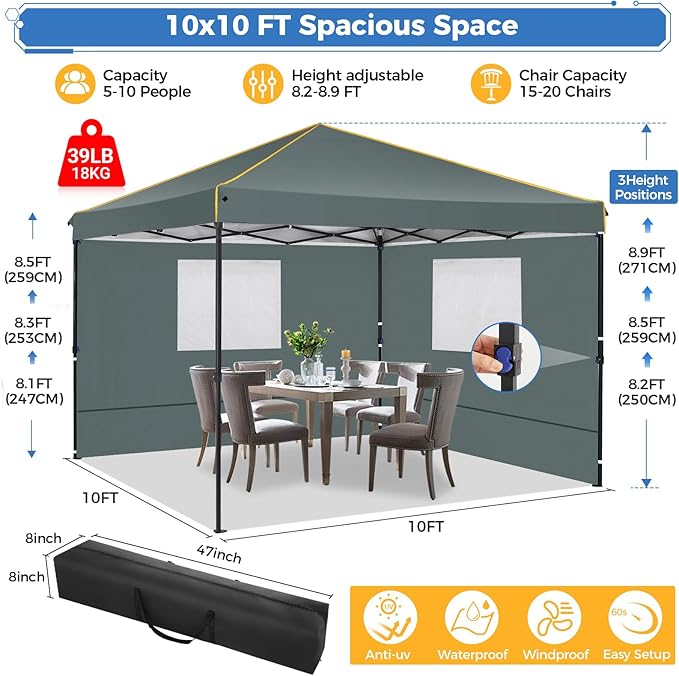 COBIZI Canopy Tent, 10x10 Pop Up Canopy Tent with Sidewalls and Roll-up Ventilated Windows with Mosquito net, Ez Outdoor Commercial Instant Gazebo Tent for Party Waterproof with Carrybag