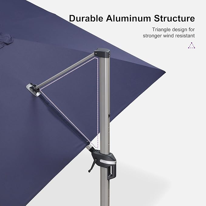 PURPLE LEAF 10' X 13' Patio Umbrella, Rectangle Outdoor Cantilever Umbrella, Aluminum Offset Umbrella with Champagne Frame and 360° Rotation for Pool Deck Garden, Navy Blue