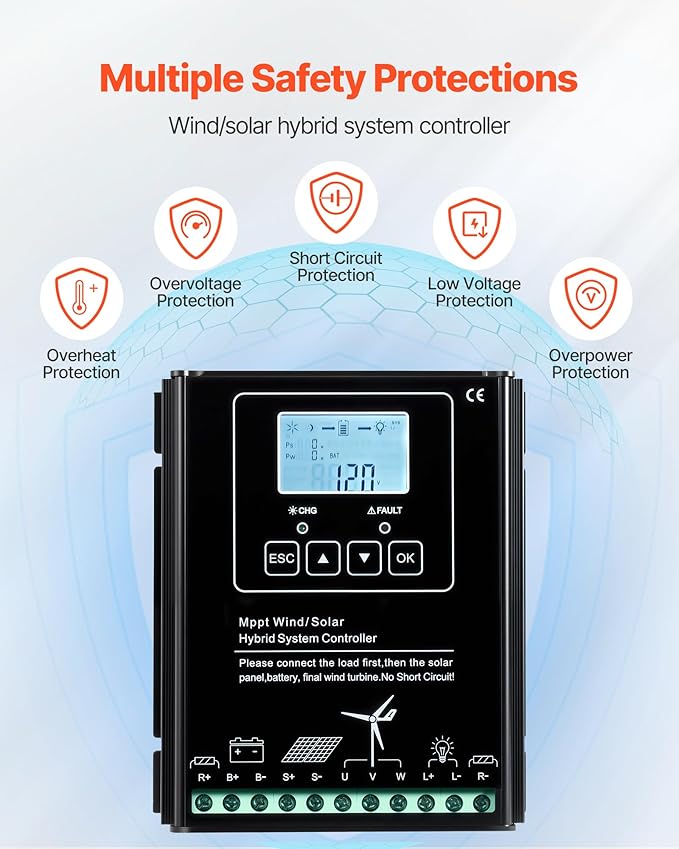 VEVOR 24V 1000W Solar Wind Power Kit, 6*100W Solar Panel + 400W Wind Turbine + 25.6V 100Ah LiFePO4 Battery + 3000W Power Inverter + MPPT Wind/Solar Hybrid Controller for Home Boat Cabin Farm Off-Grid