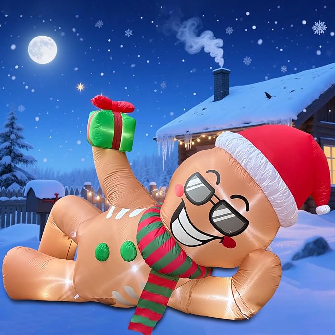 9.2 FT Inflatables Lying Gingerbread Man Outdoor Decorations, Blow Up Giant Inflatables Sleeping Gingerbread Man with LED Lights for Eaves Roof Lawn Xmas Winter Party Holiday Indoor & Outdoor Decor