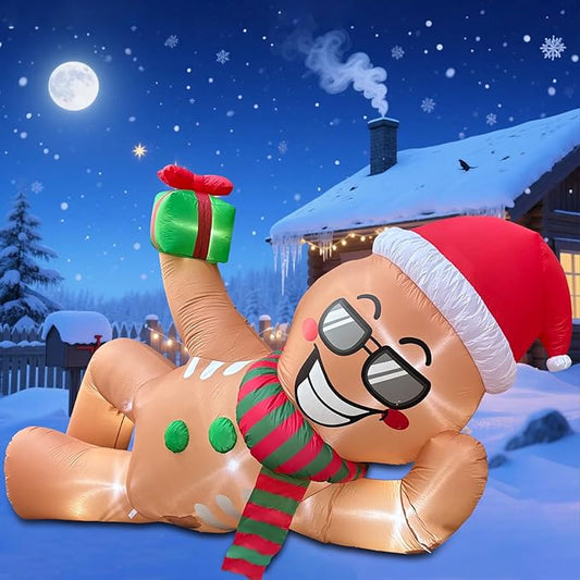 9.2 FT Inflatables Lying Gingerbread Man Outdoor Decorations, Blow Up Giant Inflatables Sleeping Gingerbread Man with LED Lights for Eaves Roof Lawn Xmas Winter Party Holiday Indoor & Outdoor Decor