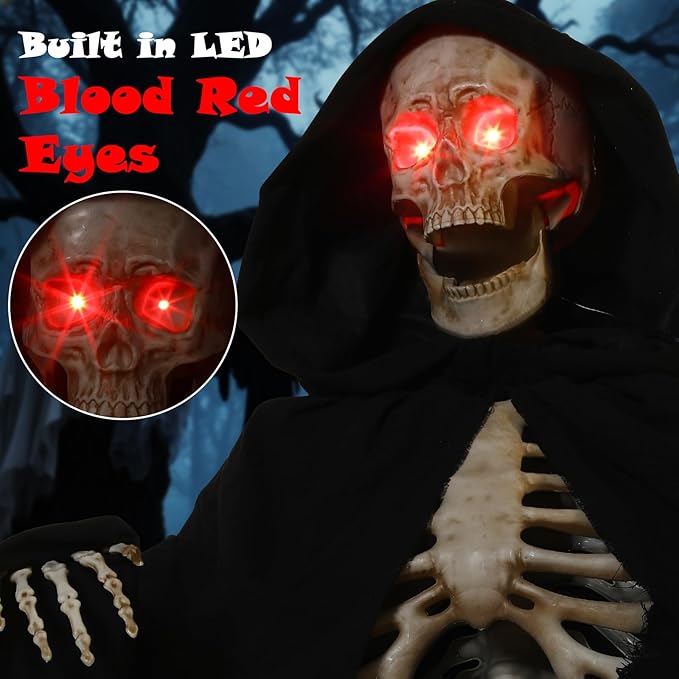 Quntis Halloween Talking Animatronics Outdoor Decoration - 7FT Tall Scary Animated Grim Reaper with Lighted Red Eyes Sound & Touch Activated - Creepy Poseable Skeleton Halloween Graveyard Decor Props