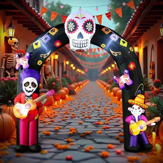 DomKom Halloween Inflatable Blow Up Decorations Archway, Dia de Los Muertos 8FT Day of Dead Arch with Skull Skeleton, Built-in LEDs for Holiday Party, Garden, Lawn, Yard, Patio Décor
