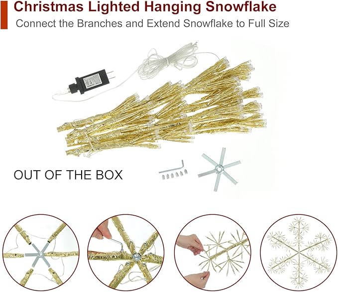 30’’ Christmas Snowflake Lights Outdoor, Pre-lit 240Pcs Warm White LEDs Hanging Golden Snowflake Decoration for Home Indoor Outdoor Window Silhouette