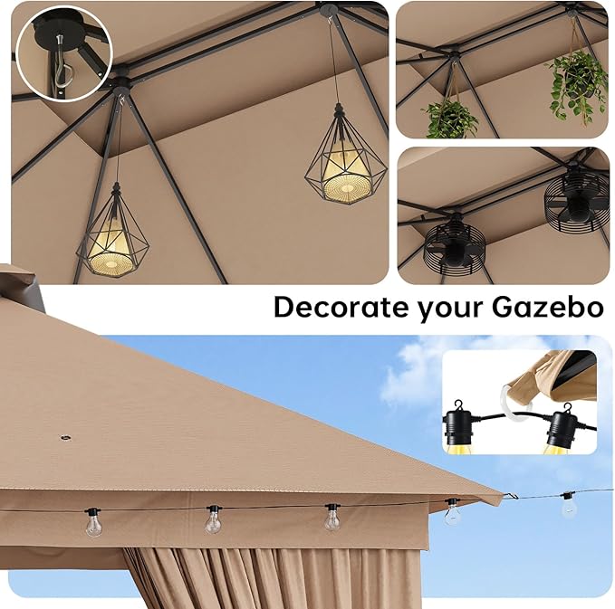 Outdoor Gazebo Metal Frame Patio Pergola Double Roofs Patio Canopy with Double-Layer Door and Mosquito Netting for Deck, Backyard, Lawn (Beige, 10x12FT)