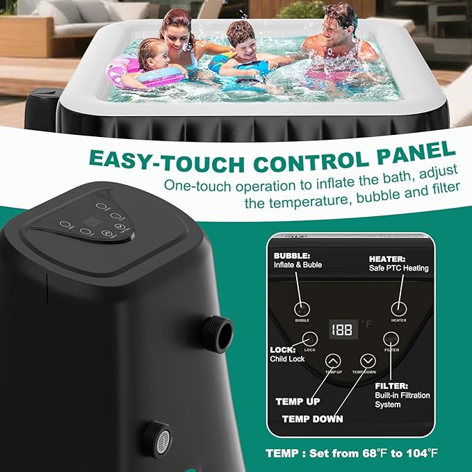 DoCred 4-6 Person Inflatable Hot Tub, 73" X 73" X 25" Square Blow up Portable Hot tub with 130 Bubble Jets, Large Outdoor Spa Bathtub Set Included Heater Pump, Insulated Cover and Filter