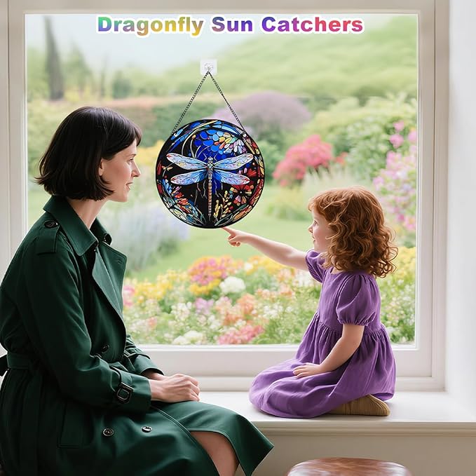 Stained Glass Window Hanging - Dragonfly Stained Glass Suncatcher, Sun Catchers for Indoor Window Decor, Gift for Women,Mom,Friends (12 Inch)