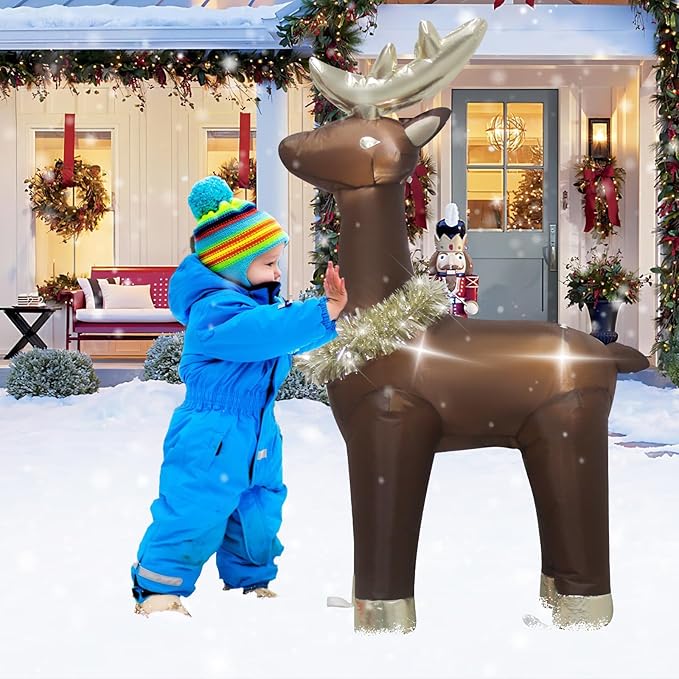 3.5 Feet Inflatable Deer Outdoor Decorations with LED Lights, Blow up Christmas Reindeer for Indoor Outdoor Decorations, Cute Shape with Gold Collar, Easter Inflatable Reindeer Decoration