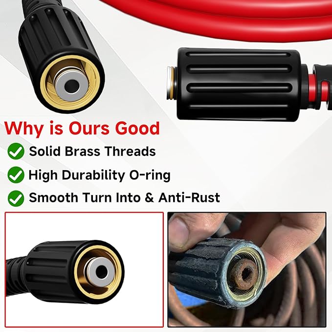 1/4"*50FT Pressure Washer Hose,Kink-Free with M22-14mm Stainless Steel Thread Power Washer Hose,Stainless Steel Adapter Set(5-piece),Suitable for Ryobi,Troy Bilt,Greenworks,Simpson（3600PSI)