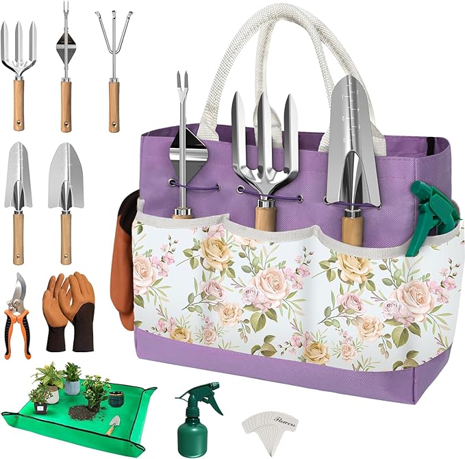 22Pcs Gardening Tools Set for Women Heavy Duty Garden Hand Tools Yard Work Tools Gardener Gifts Gardening Accessories with Tools Bag/Shovel/Mat/Plant Labels/Gloves