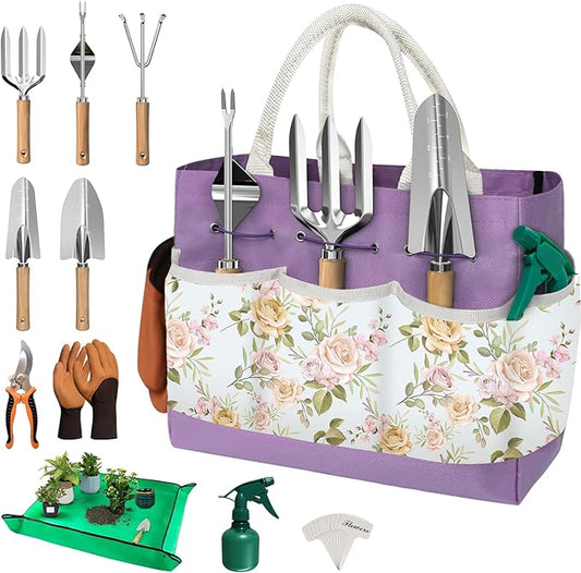 22Pcs Gardening Tools Set for Women Heavy Duty Garden Hand Tools Yard Work Tools Gardener Gifts Gardening Accessories with Tools Bag/Shovel/Mat/Plant Labels/Gloves