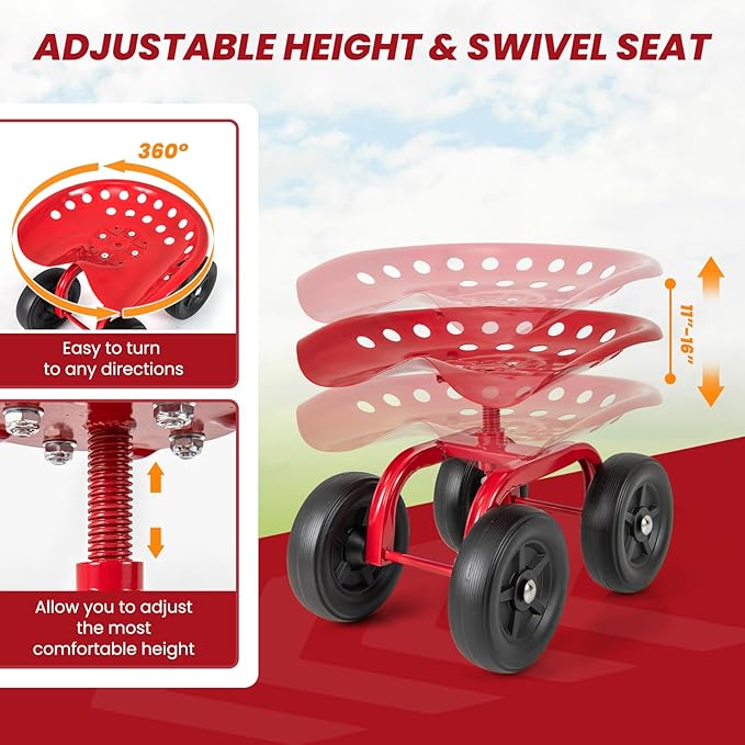 LDAILY Garden Seat with Wheels, Heavy-Duty Utility Stool Cart with Adjustable 11"-16" Height & 360° Rotatable, Rolling Garden Cart with Seat for Lawn Planting, Yard Work, Patio Gardening (Red)