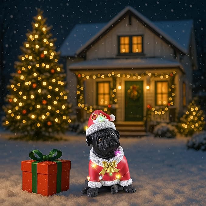 Christmas Outdoor Decoration Dog Statue, LED Light Cute English Bulldog Sculpture with Santa Outfit & Lights for Garden and Yard, Indoor Holiday Décor Gift for mom and dad