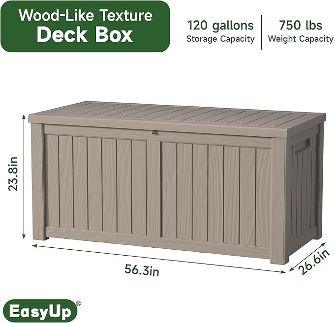 EasyUp 120 Gallon Outdoor Storage Box Waterproof, UV Resistant Resin Deck Box with Hydraulic Rod, Reinforced Stability for Patio, Garden, and Pool, Striped Gray