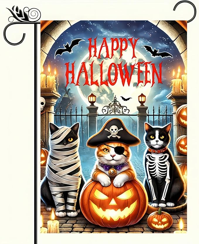 Happy Halloween Garden Flag Double Sided 12x18 Flag Halloween Garden Flag Cat Pumpkin Flag Bat Funny Cat And Jack Lantern Home Outdoor Lawn Porch Yard Decor Banner